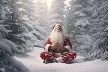 Fotobehang Santa practicing yoga or meditation in a tranquil snowy forest, symbolizing peace and balance during the festive rush © EOL STUDIOS