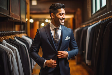 Indian man trying on suit for wedding. Happy groom excited smile for wedding, happiness and marriage. Generative AI