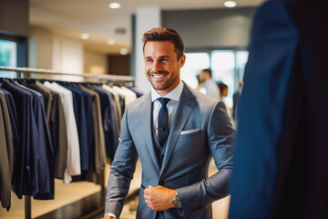Man trying on suit for wedding. Happy groom excited smile for wedding, happiness and marriage. Generative AI