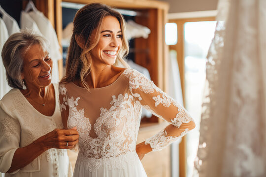 Older Woman Trying On Wedding Dress. Happy Bride Excited Smile For Wedding, Happiness And Marriage. Generative AI