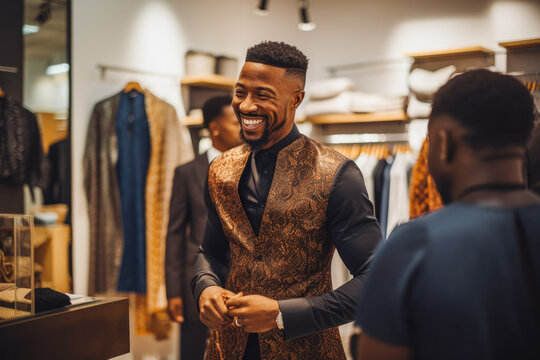 African man trying on suit for wedding. Happy groom excited smile for wedding, happiness and marriage. Generative AI