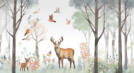 photo wallpapers for children. forest with animals. Watercolor, Generative AI