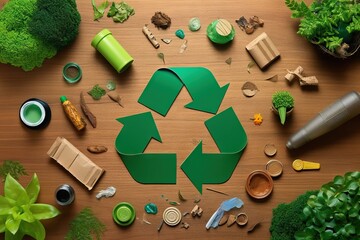symbol material background green container sigh reusing eco symbol top environment view reduction Eco save waste concept environmental plastic pollution garbage rec table recycling consumer concept - obrazy, fototapety, plakaty