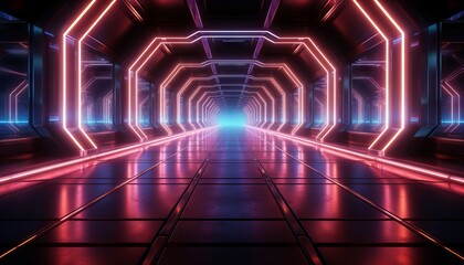 Corridor Empty Room With Purple And Blue Neon Glowing Lights Hexagon Background 3D Illustration