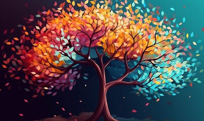 Elegant colorful tree with vibrant leaves hanging branches illustration background. Bright color 3d abstraction wallpaper for interior mural painting wall art decor, Generative AI - obrazy, fototapety, plakaty