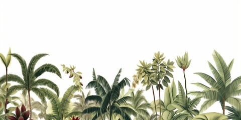 Tropical vintage botanical palm trees, banana tree floral seamless border white background. Exotic jungle wallpaper, Generative AI - obrazy, fototapety, plakaty