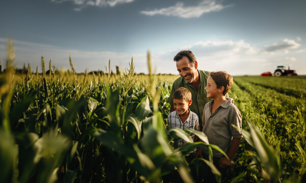A farmer and his two sons examine the future corn harvest. a tractor in the background. Generative ai