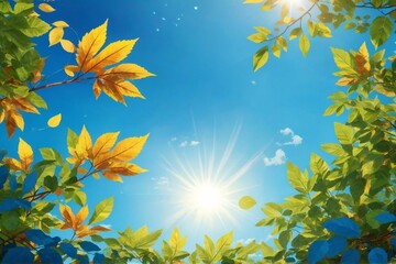 leaves against blue sky with bright sunshine, sunny sky background, sun and leaves wallpaper, natural background, AI Generative