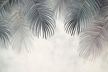 Photo wallpaper with tropical leaves. Decorative fresco in the grunge style. Palm leaves on a gray background. Large tropical leaves, Generative AI