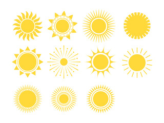 sun illustration in different styles. yellow sun drawings. sun vector art.