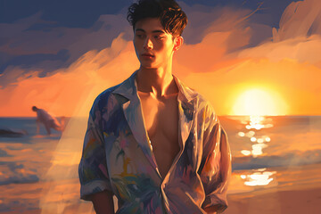 Asian Man  with 2d potrait posing during sunset