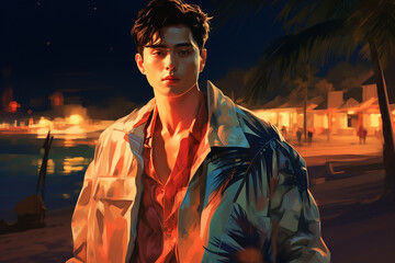 Asian Man  with 2d potrait posing during sunset