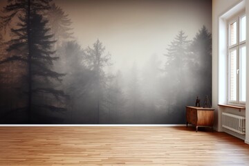 empty room with wooden floor and photo print wallpaper, Generative AI - obrazy, fototapety, plakaty