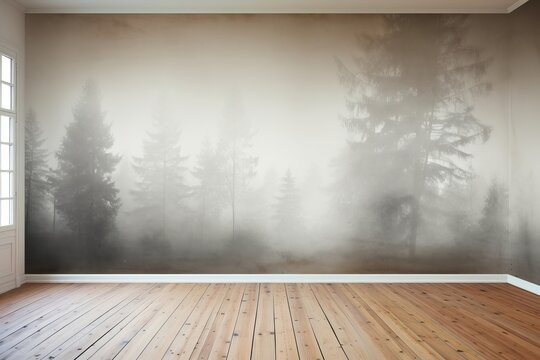 empty room with wooden floor and photo print wallpaper, Generative AI