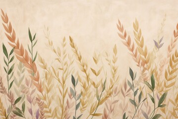 Photo wallpapers for walls. Beautiful leaves on a beige background. A mural for a room. Painted grass, Generative AI - obrazy, fototapety, plakaty