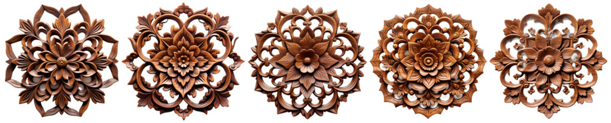 Set of Pattern of flower carved on wood. Ornament Wood carving woodworking. Isolated on transparent background
