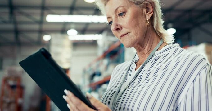 Senior woman, tablet and inventory at warehouse in supply chain, storage management or checking stock. Mature female person, CEO or factory manager on technology in research, data or innovation
