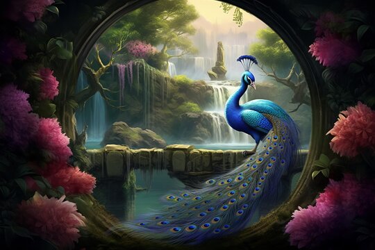 Photo of 3d view abstraction wallpaper. Beautiful nature lovely place with flowers, tree park, peacock, and a waterfall in the round shape background, Generative AI