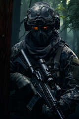 Closeup shot of elite sniper in forest 