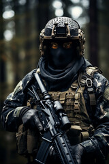 Closeup shot of elite sniper in forest 