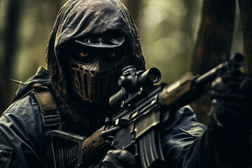 Closeup shot of elite sniper in forest 