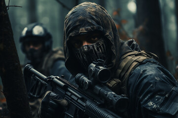 Closeup shot of elite sniper in forest 