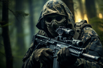 Closeup shot of elite sniper in forest 