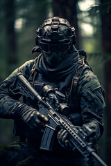 Closeup shot of elite sniper in forest 