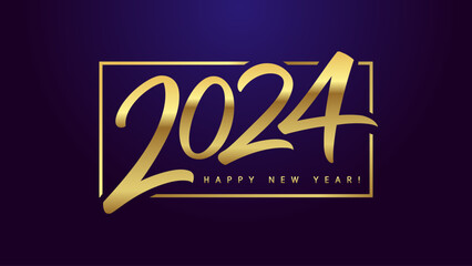 A Happy New Year 2024 horizontal golden icon. Decorative concept. Greeting card design. Creative number logo with shiny gold gragient. Luxury design. Background and text concept. Holiday eve emblem.