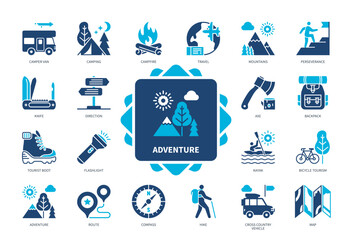 Adventure icon set. Campfire, Adventure, Camper Van, Backpack, Tourism, Camping, Hike, Kayak. Duotone color solid icons