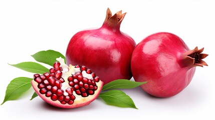 Isolated on a white background, a fresh, ripe pomegranate has green leaves.