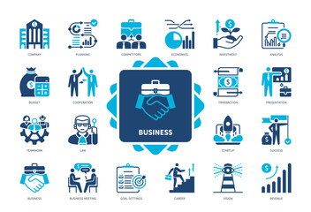 Business icon set. Investment, Budget, Business Meeting, Analysis, Economics, Vision, Goal Settings, Success, Planning. Duotone color solid icons
