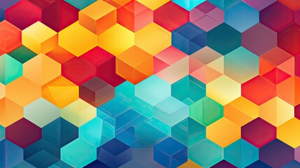 Geometric background design with a hexagonal pattern composed of bright colors and vector shapes.