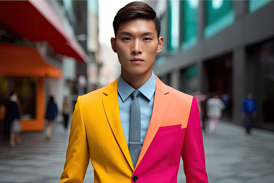 Asian Businessman in urban Background Dressed in jacket made of pieces of fabric of different colors. Patchwork