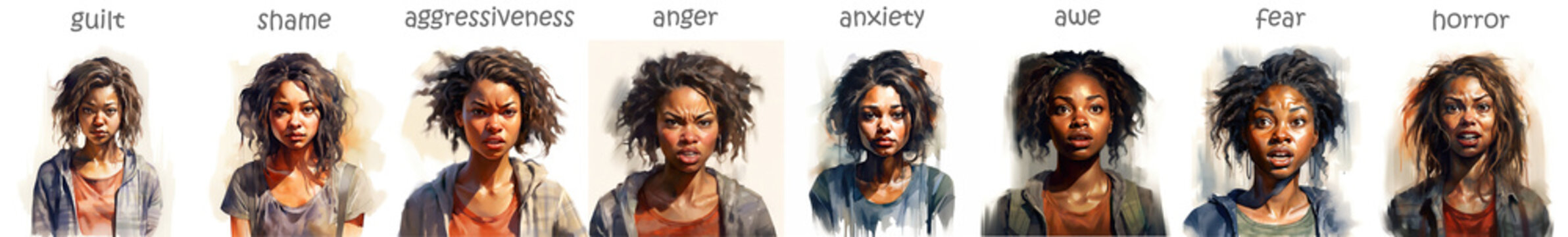 Set of different basic emotions illustrations: guilt, shame, aggressiveness, anger, anxiety, awe, fear, horror