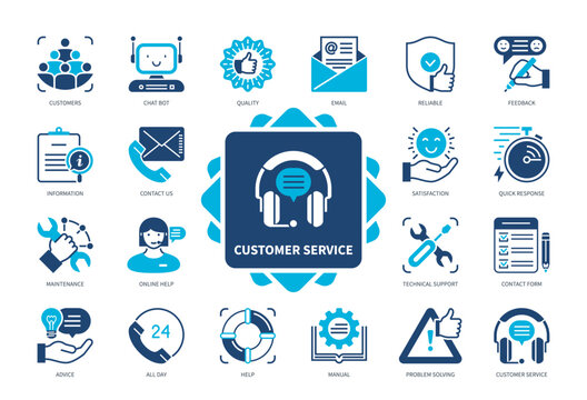 Customer Service icon set. Feedback, Maintenance, Advice, Quick Response, Information, Reliable, Problem Solving, Technical Support. Duotone color solid icons