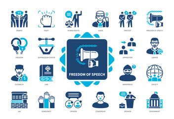 Freedom of speech icon set. Protest, Anonymous, Freedom, Human Rights, Censorship, Opinion, Democracy, Government. Duotone color solid icons