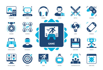 Game icon set. Console, Online Casino, VR Headset, Potion, Gamepad, Mobile Games, Cooperative play, Logic. Duotone color solid icons