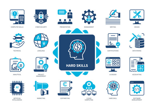 Hard Skills icon set. Data Mining, Technical, Artificial Intelligence, Cyber Security, Copywriting, Design, Project Management. Duotone color solid icons