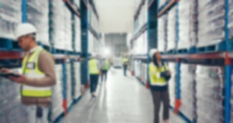 People, warehouse and time lapse for inventory inspection, checking stock or shipment in supply chain. Group of employees in busy, export or import business in storage control or product distribution