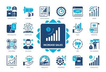 Increase Sales icon set. Productivity, Price Reduction, Efficiency, Trends, Cost Leadership, Improvement, Social Media, Advertising. Duotone color solid icons