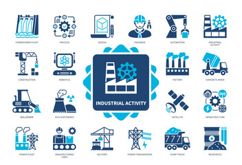 Fototapeta na wymiar Industrial Activity icon set. Automation, Process, Hydropower Plant, Robotics, Design, Infrastructure, Satellite, Resources. Duotone color solid icons