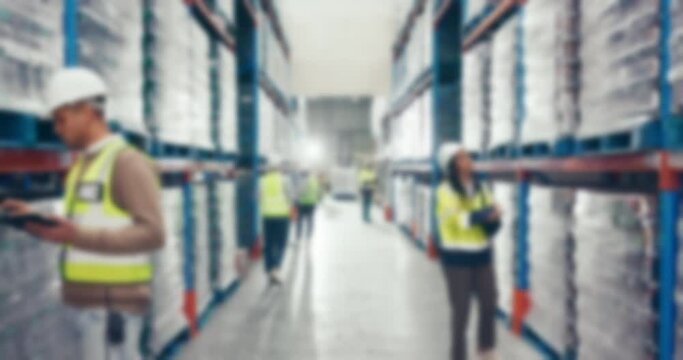 People, warehouse and time lapse for inventory inspection, checking stock or shipment in supply chain. Group of employees in busy, export or import business in storage control or product distribution