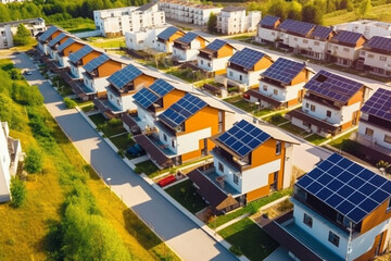 Obraz premium Aerial view of solar panels installed on the roofs of houses.