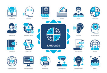 Language icon set. Dictionary, Communication, Knowledge, Vocabulary, Translator, Text Reading, Writing, Online Courses. Duotone color solid icons
