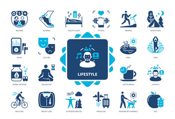 Lifestyle icon set. Running, Culture, Yoga, Herbal Medicine, Pool, Healthy Sleep, Adventures, Relaxation. Duotone color solid icons