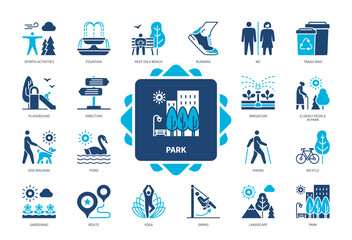 Park icon set. Pond, Fountain, Dog Walking, Running, Yoga, Hiking, Playground, Sport Activities. Duotone color solid icons