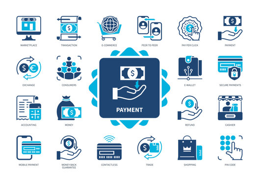 Payment icon set. Money, E-Wallet, Transaction, Refund, Exchange, Pay per Click, Accounting, Secure Payments. Duotone color solid icons