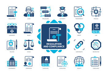 Regulation and compliance icon set. Authority, Judgement, Government, Rules, Procedures, Restriction, Policy, Legislation. Duotone color solid icons