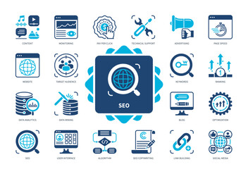 SEO icon set. Optimization, Target Audience, Schedule, Pay per Click, Optimization, Social media, Keywords, Monitoring, Website. Duotone color solid icons